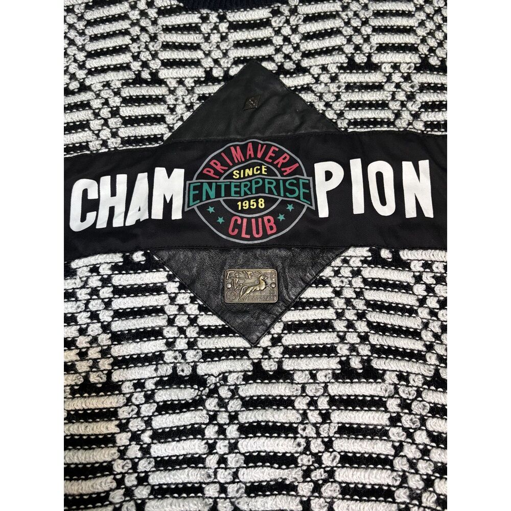 Vintage 90s 3D Knit Sweater Mens M Black White Geometric Champion Patch Grandpa - Picture 7 of 9